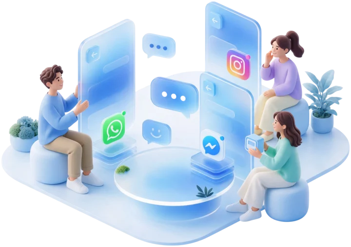 Pessoas conversando por WhatsApp, Instagram e Messenger em telas de vidro